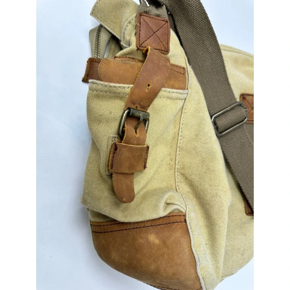 Sechunk Vintage Canvas Messenger Bag Leather Trim Khaki Satchel Laptop Bag Stain